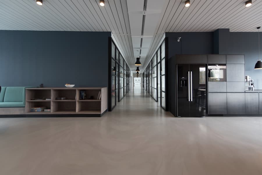 Bright modern office workspace with long table and windows